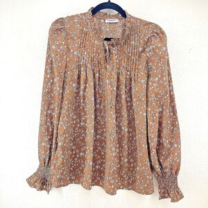 Balloon Sleeve Women's Blouse Top M Brown Blue‎ Floral Bow Ruffle Old Money Boho